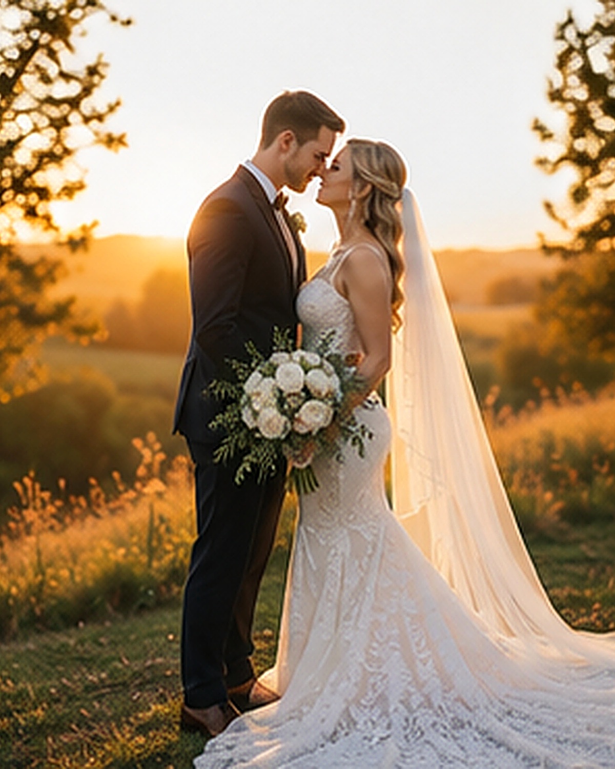 A bride and groom sharing a moment at golden hour